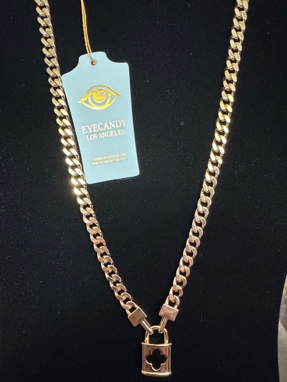 EYECANDY Gold-tone Curb Chain Necklace with Padlock Charm NEW